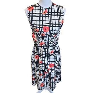 Lela Rose Sleeveless Midi Shift Dress Floral Tie Waist Black White Office Size 6